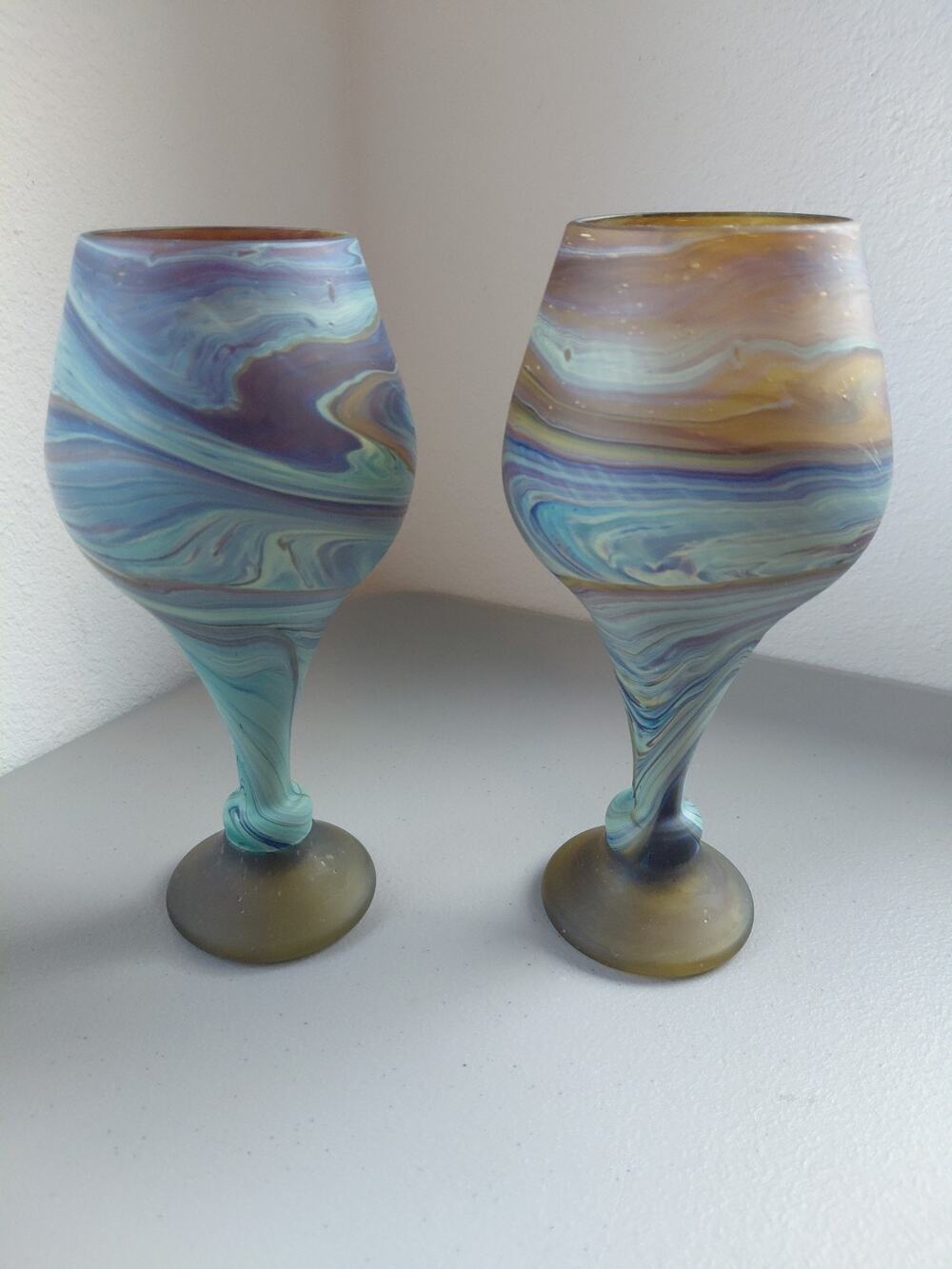 2 Hand-Blown Phoenician Glass Wine Goblets Matte Satin Multi Color Swirl Blue
